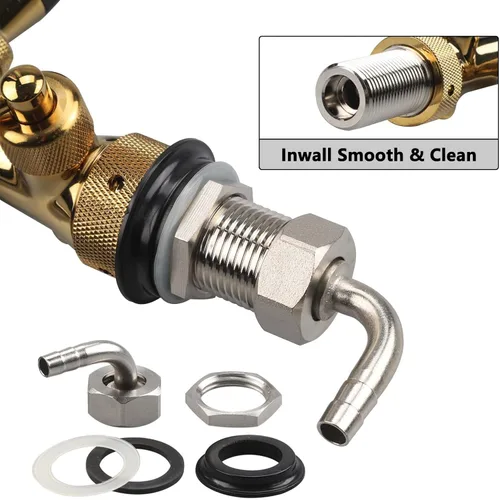 Vista 3 de LUCKEG Grifo de cerveza ajustable dorado – Controlador de flujo, grifo de barril de cerveza, vástago cromado G5/8 rosca con tuerca hexagonal