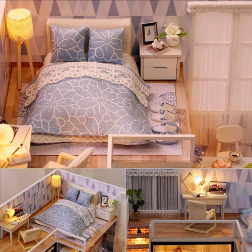 Vista 5 de Kit de casa de muñecas en miniatura con muebles, a prueba de polvo y movimiento de música
