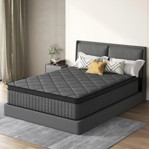Vista 2 de Colchón negro matrimonial, colchón híbrido de 10 pulgadas tamaño matrimonial, firmeza media con espuma viscoelástica y resortes en bolsillo, funda