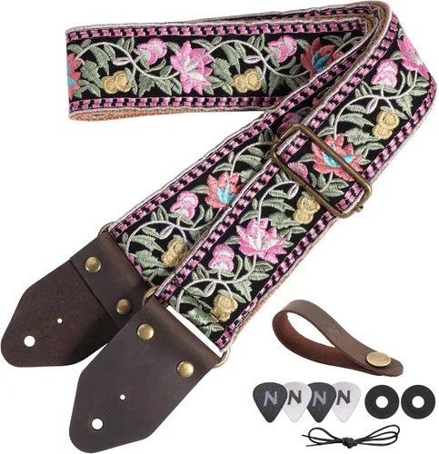 Vista 34 de Nefelibata Correa de guitarra, correas de guitarra de algodón bordado jacquard con extremos de cuero de caballo loco para bajo, eléctrico
