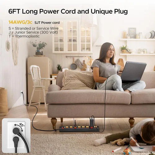 Vista 6 de Regleta de 8 tomas de alta resistencia CRST con interruptores individuales, protector contra sobretensiones de metal de 15A/1875W con interruptor