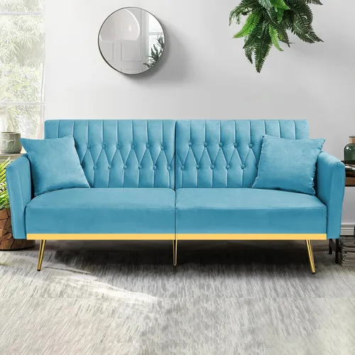 Vista 2 de Sofá cama futón de terciopelo de 70 pulgadas con reposabrazos ajustables, color azul bebé