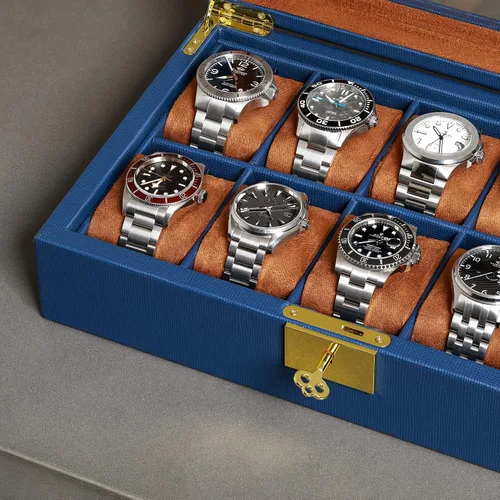 Vista 7 de ROTHWELL Caja de reloj de cuero con 10 ranuras, organizador de joyas de lujo, soporte para reloj con tapa de cristal grande, organizador de caja
