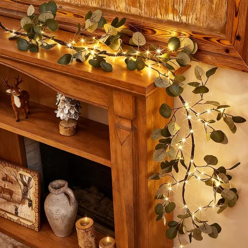 Vista 9 de Birchlitland Guirnalda de luces decorativas de 6 pies, 96 luces LED de hadas, guirnaldas de ramas de eucalipto iluminadas con temporizador, funciona