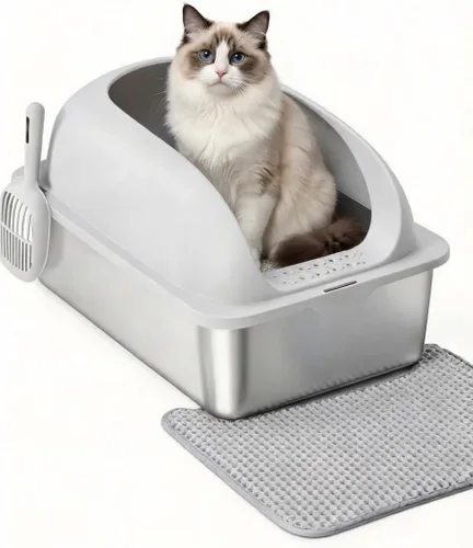 Vista 8 de Simple Deluxe Caja de arena XL para gatos de acero inoxidable con tapa, bandeja de arena de metal de alta cara para gatos grandes, a prueba