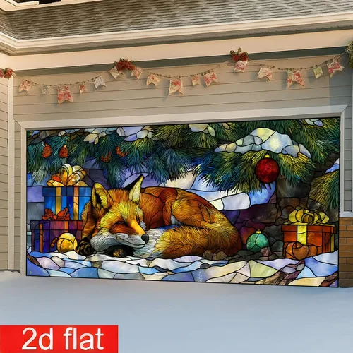 Vista 5 de Cubierta Navideña para Puerta de Garaje, 6 x 13 pies Animales Lindos del Bosque Invernal Zorro, Decoración Navideña para Porche y Patio Exterior