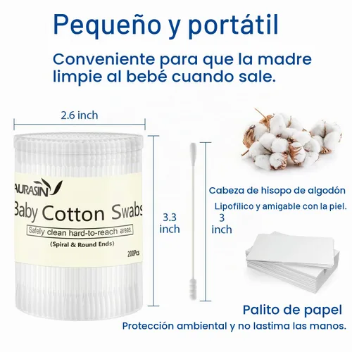 Vista 5 de Hisopos de algodón para bebé, palitos de papel para limpieza de orejas y nariz, 200 unidades (espiral y redonda)