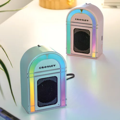 Vista 7 de Crosley CR3046A-AB Mini Jukebox Altavoz Bluetooth portátil con luces LED y micrófono, azul aguamarina