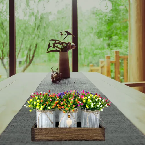 Vista 5 de Set de decoración de centro de mesa con flores artificiales, incluye 3 ramos falsos de Milán y bandeja de madera para decoración de escritorio