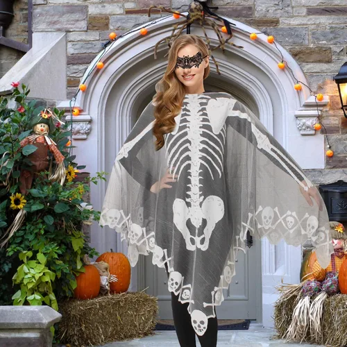 Vista 2 de Poncho de esqueleto de Halloween para mujer, chal de esqueleto de encaje con máscara de murciélago, disfraz de Halloween para mujer