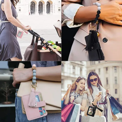 Vista 7 de Llavero pulsera cartera tarjetero bolsillo muñeca coche llavero brazalete para mujer, Negro