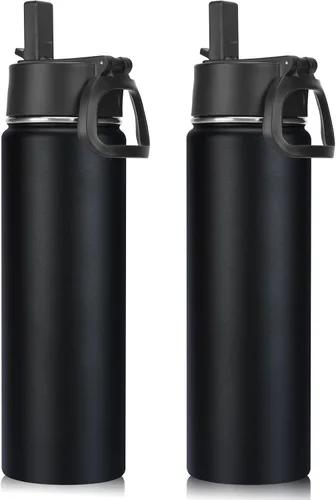 Vista 25 de Neihepal Botellas de agua aisladas de 22 onzas con tapa con popote a prueba de fugas, botella de agua de acero inoxidable de doble pared de boca