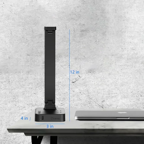 Vista 5 de Drevet Lámpara LED de escritorio para dormitorio universitario, luz de escritorio con 1 puerto de carga USB, 2 tomas de corriente CA, 3 modos