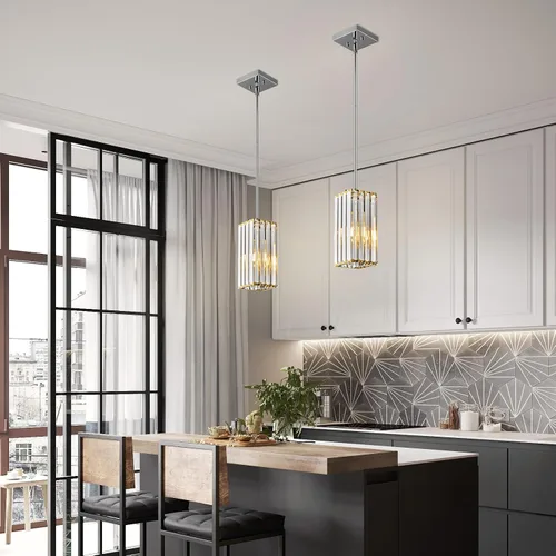 Vista 4 de Lámpara colgante moderna cromada rectangular de iluminación colgante mini candelabros de cristal, lámpara colgante ajustable para cocina, isla