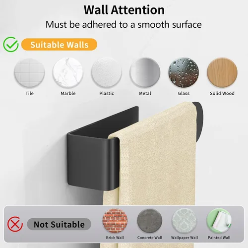 Vista 8 de Toallero adhesivo, toallero de mano autoadhesivo para baño montado en la pared, barra de toalla de mano cuadrada de 8 pulgadas para armario de Negro