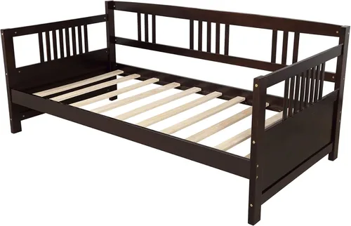 Vista 6 de P PURLOVE Sofá cama individual de madera con rieles, cama individual, listones de madera que soportan la vida moderna, individual, espresso
