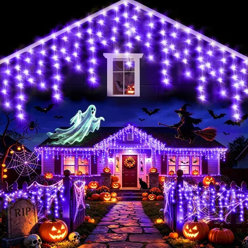 Vista 34 de Guirnalda de 400 luces LED con 75 gotas, de 33 pies, 8 modos de funcionamiento, de alambre transparente para decoración al aire libre, 400 modos