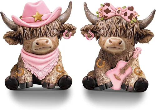 Vista 12 de Wesiti 2 figuras de vaca de las tierras altas de béisbol, bonita estatua deportiva de resina con murciélago y pelota, regalos para fanáticos