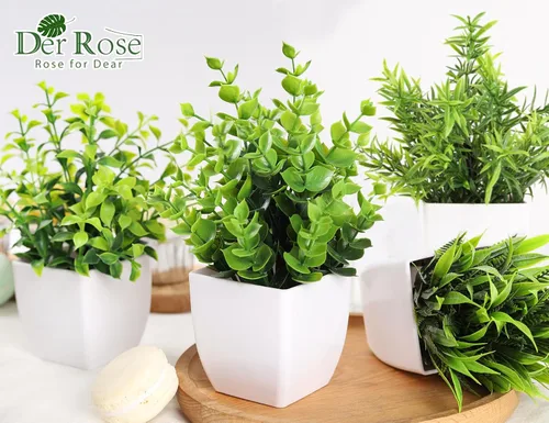 Vista 4 de Der Rose Paquete de 6 plantas artificiales pequeñas en macetas para el hogar, dormitorio, sala de estar, decoración interior (verde) Green