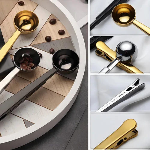 Vista 5 de Cucharas medidoras de café para café molido de acero inoxidable, 1 cucharada con clip para bolsa para café y té, juego de 2 (2 unidades, negro)