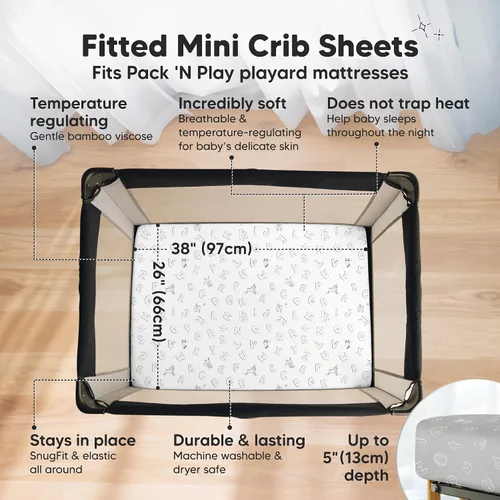 Vista 2 de Sábanas ajustadas para Pack and Play - Paquete de 2 sábanas mini para cuna para Pack N Play, colchón 38x26, ropa de cama suave y acogedora