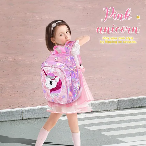 Vista 6 de Mochila de unicornio Mochila escolar holográfica de lentejuelas de unicornio para niños y niñas bolsas de libros preescolar jardín de infantes