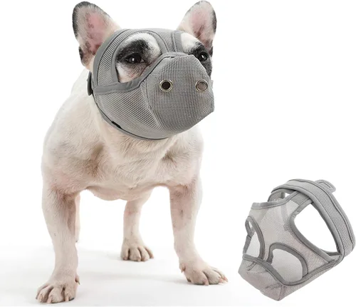 Vista 6 de Bozales cortos para perros – Bozal para bulldog de malla transpirable ajustable que puede sacar la lengua y beber agua, antimordidas y entrenamiento