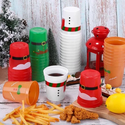 Vista 4 de Kochorie 60 vasos de plástico de Navidad para fiestas, vasos de plástico de 16 onzas, vasos desechables para estadio, cinturón de Papá Noel, vasos