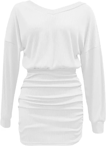 Vista 3 de Luckinbaby Vestido de manga larga de punto para mujer, vestido corto fruncido, con hombros descubiertos, sexy, de punto, mini vestidos ajustados
