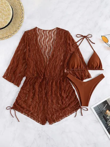 Vista 3 de MakeMeChic Traje de baño de 3 piezas para mujer, traje de baño halter triangular, corte alto, conjunto de bikini de malla transparente