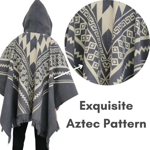 Vista 4 de DAVLINA, ALPACA Wool Poncho Hooded and, Aztec Pattern, Unique and handmade in Ecuador. Thick, Warm and Soft Wool Poncho