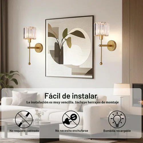 Vista 3 de Moderno juego de 2 apliques de pared de cristal de vidrio, funciona con pilas, luces de pared recargables doradas con control remoto, accesorio