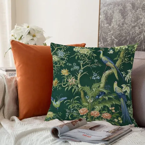 Vista 5 de Fundas de almohada chinoiserie verde turquesa floral y pájaro con cremallera de 16 x 16 pulgadas, fundas de almohada de lino para sofá, dormitorio