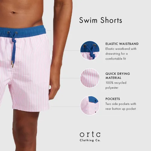 Vista 4 de ORTC - Bañador varonil azul marino o rosa, rayas, cintura azul, traje de baño de secado rápido para hombre, malla - 100% poliéster reciclado