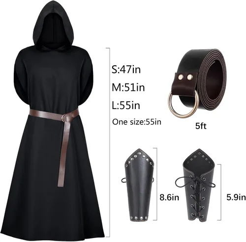 Vista 2 de Disfraz renacentista de caballero con capucha, capa de guerra, medieval, elegante, elegante, para cosplay, cinturón, conjunto de accesorios