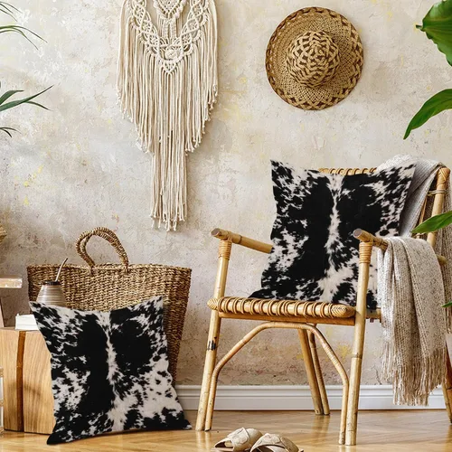 Vista 2 de Fundas de almohada con estampado de piel de vaca de 18 x 18 pulgadas, blanco y negro con manchas de vaca, fundas de almohada cuadradas decorativas