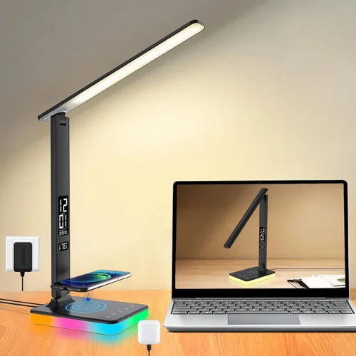 Vista 12 de Lámpara de escritorio LED para oficina en casa, puerto de carga USB, luz de escritorio de lectura con 5 temperaturas de color, atenuación continua