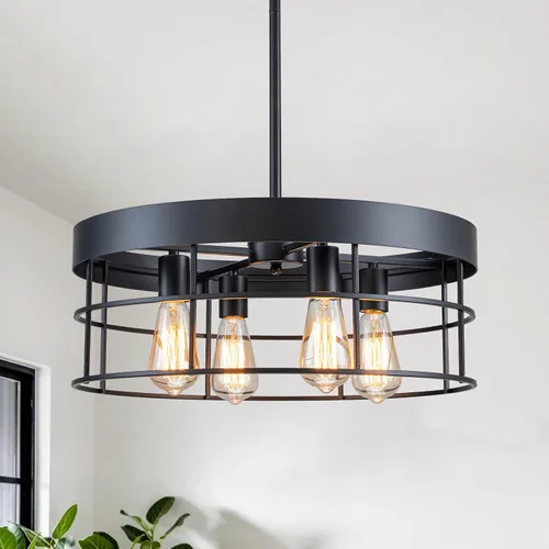 Vista 10 de Candelabro industrial de granja de 19.7 pulgadas, 4 luces, estilo rústico, con textura de grano de madera y pantalla de metal negro para comedor