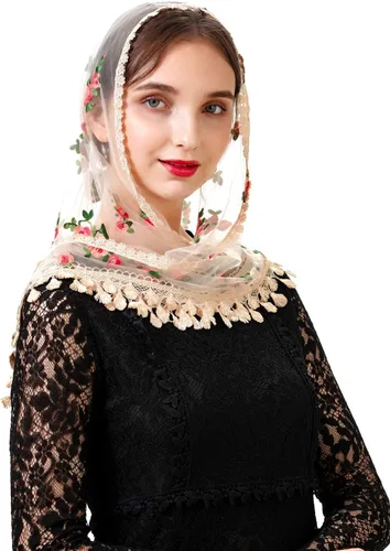 Vista 7 de PAMOR Triángulo pequeña flor capilla velos bordados bufanda mantón latino masa cabeza cubierta Mantilla velo para iglesia