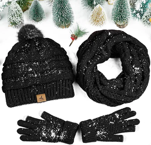 Vista 8 de Winter Beanie Hat Scarf Gloves Set, Soft Fleece Knit Hat Warm Touchscreen Gloves Neck Warmer Thick Scarves Gifts for Women