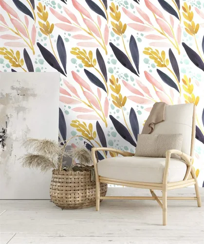 Vista 2 de HaokHome - Papel tapiz adhesivo para repisas, vinilo, bosque en acuarela, diseño floral, color blanco, rosa, azul marino y amarillo, removible, 17.7