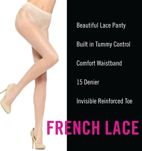 Vista 2 de HUE womens Age Defiance French Lace Sheer Tights With Control Top