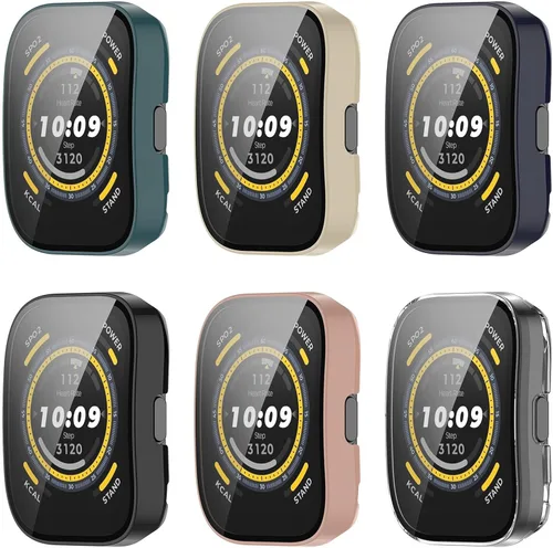 Vista 2 de RuenTech Protector de pantalla compatible con Amazfit Bip 5, funda protectora de policarbonato impermeable, película de vidrio templado HD integrada