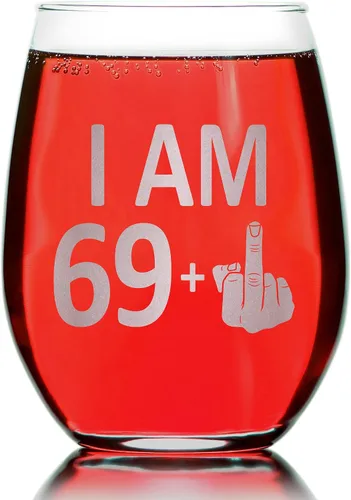 Vista 2 de Promotion & Beyond Copa de vino sin tallo con gráfico de dedo de 69 + 1 70 años, divertido regalo de cumpleaños para amigos