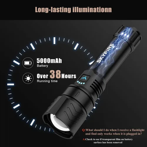 Vista 5 de SKYFIRE Linternas recargables de alto lúmenes, linterna súper brillante de 5000mAh, linterna táctica LED impermeable y potente para camping