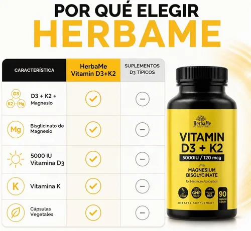 Vista 5 de HerbaMe Vitamina D3 5000 UI + K2 con fórmula de bisglicinato de magnesio