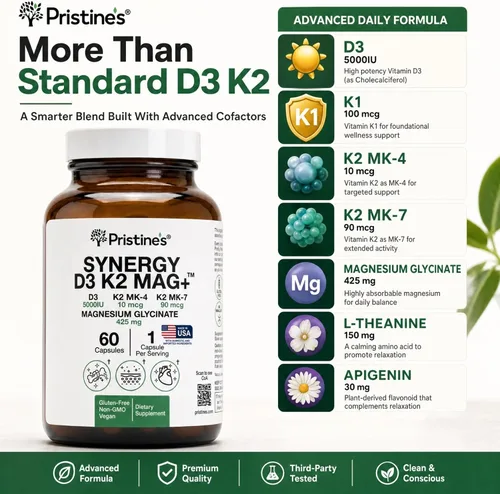 Vista 2 de PRISTINE'S Vitamina D3 K2 5000 UI cápsulas con magnesio, certificado NSF