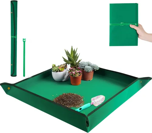 Vista 10 de Tapete de trasplante de 26.8"X26.8" para plantas de interior para controlar el desorden, tapete de bandeja de jardinería plegable e impermeable 1
