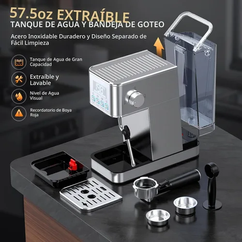 Vista 6 de LERTIN - Cafetera de expreso de 20 bares, compacta, de acero inoxidable, con varita espumadora de vapor, tanque de agua extraíble de 57.5 oz