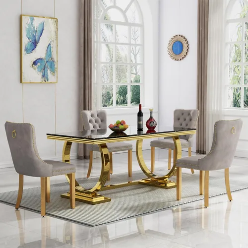 Vista 41 de HomVent Juego de mesa de comedor moderna de mármol sintético para 4 personas, mesa de cocina rectangular con 4 sillas beige (dorado)